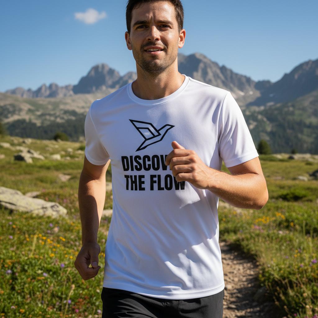 Mann beim Trailrunning mit einem "Discover The Flow" Performance Shirt